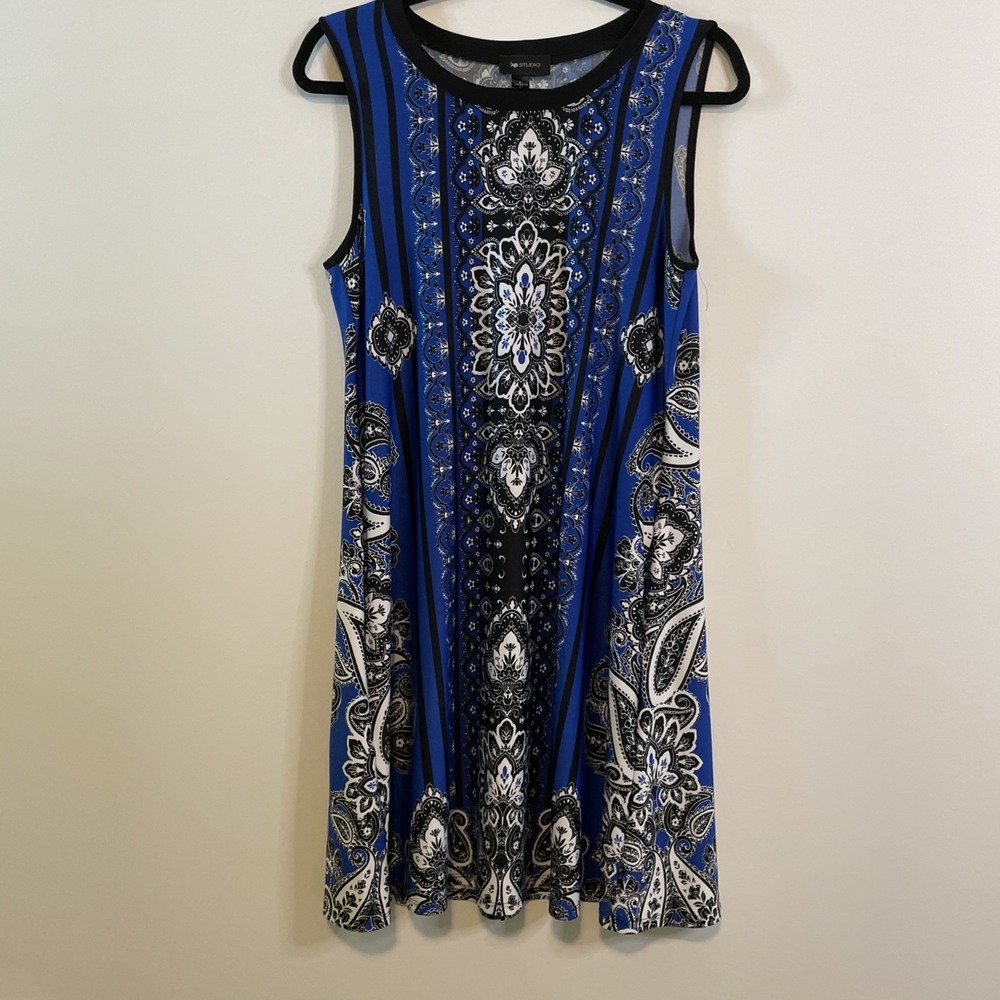 AB Studio L Blue Black‎ Paisley Sleeveless Dress Pockets Casual Shift